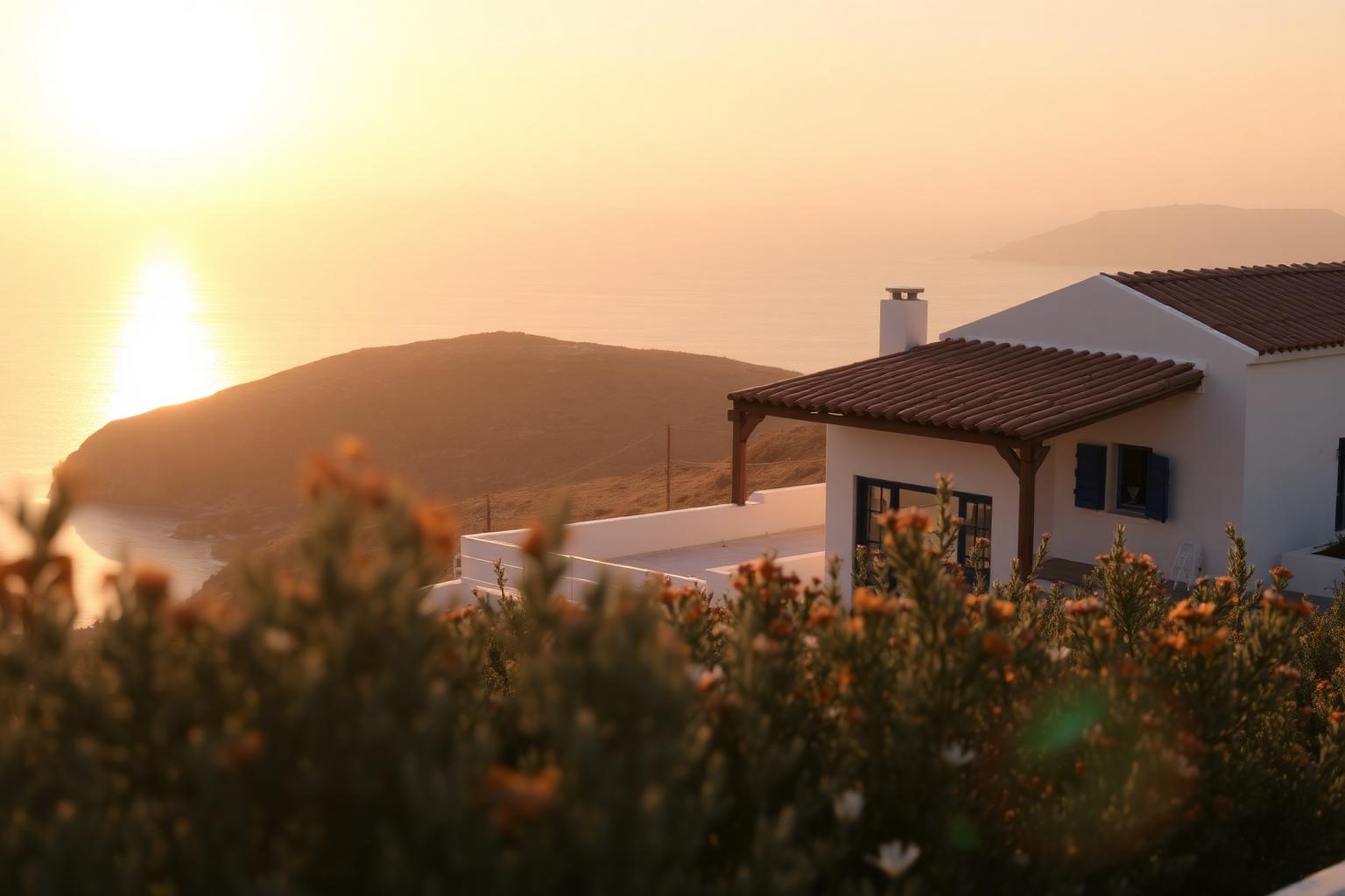 Greek coastline at sunset with whitewashed villa and wildflowers